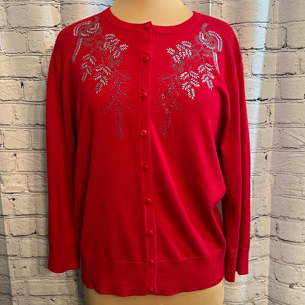 GNW Women’s Red Holiday Silver Embellished 3/4 Sleeve Cardigan Sweater. L  H320